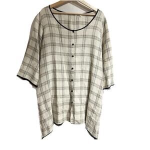 Kleen Women Large Cream Black Button Down Tunic Plaid Asymmetrical